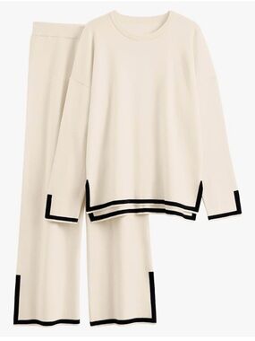 Relaxed Wide-Leg Knit Pant Set in Cream with Black Trim
